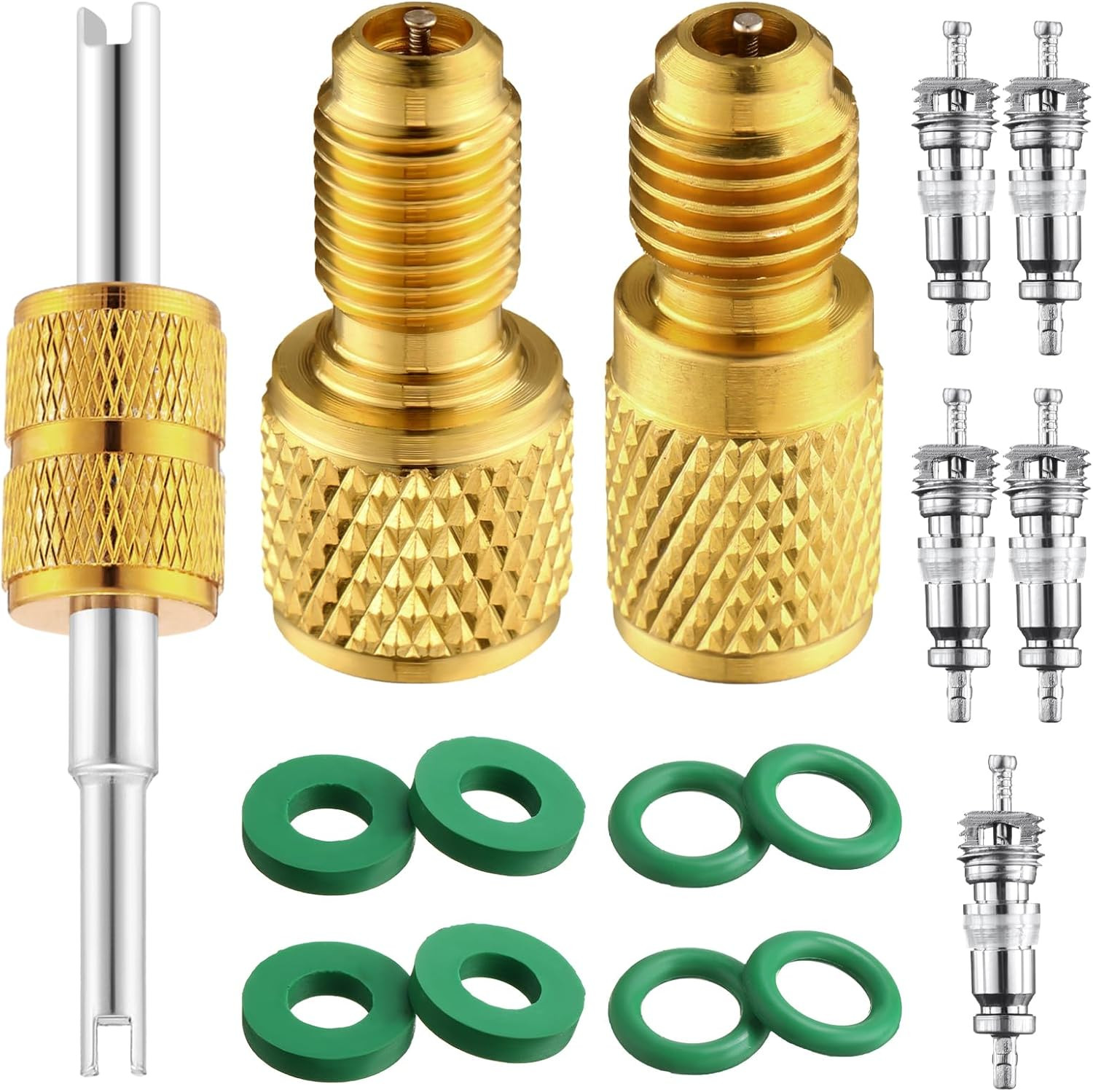 15 Pcs R134A Refrigerant Tank Adapters Brass Connector with Valve Core Gasket