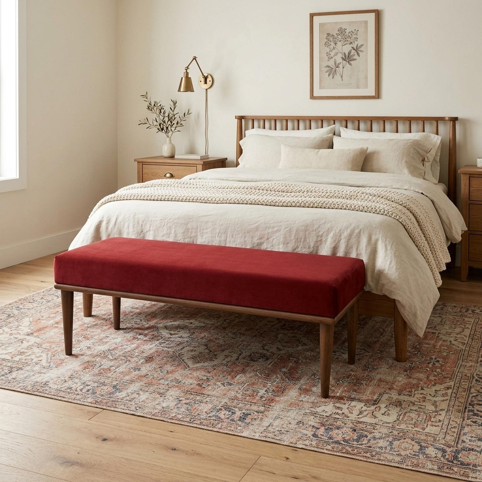Velvet Ottoman Bench Handmade Entryway Bed End Thin Upholstered VT Red