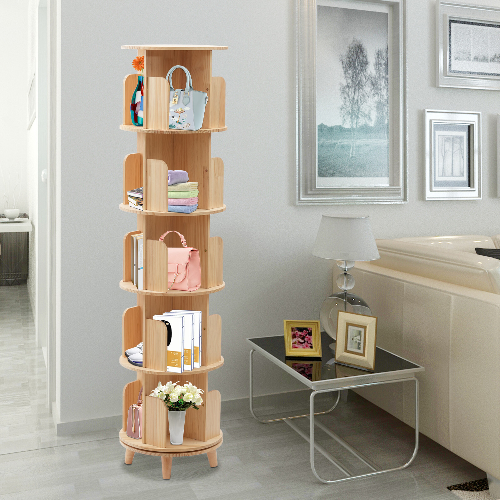 5-Layer Rotating Bookshelf Wood Bookcase Storage Shelf Freestanding Display Rack