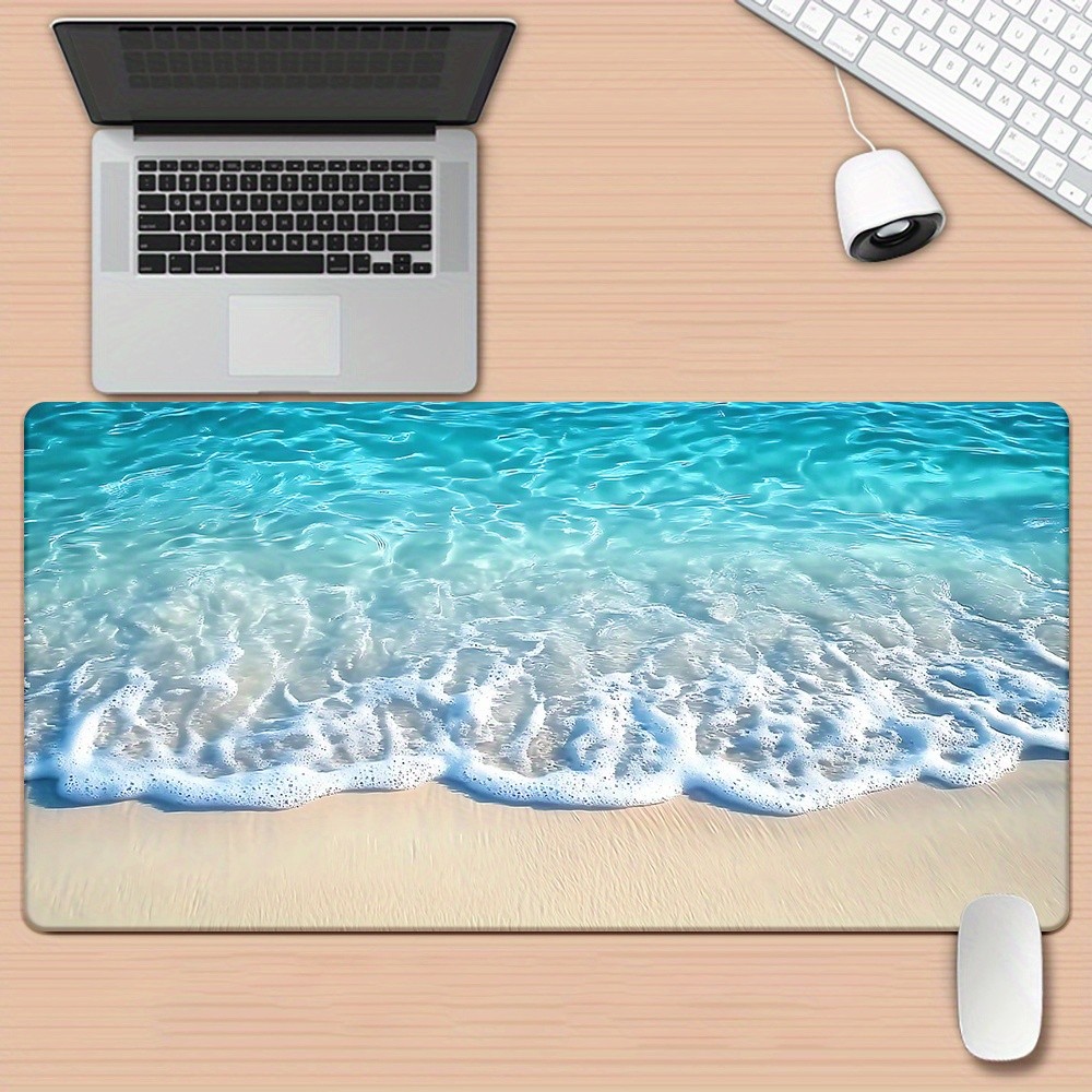 Large Beach Scene Gaming Mouse Mat - Vivid Ocean and Sand Design, Soft Rubber