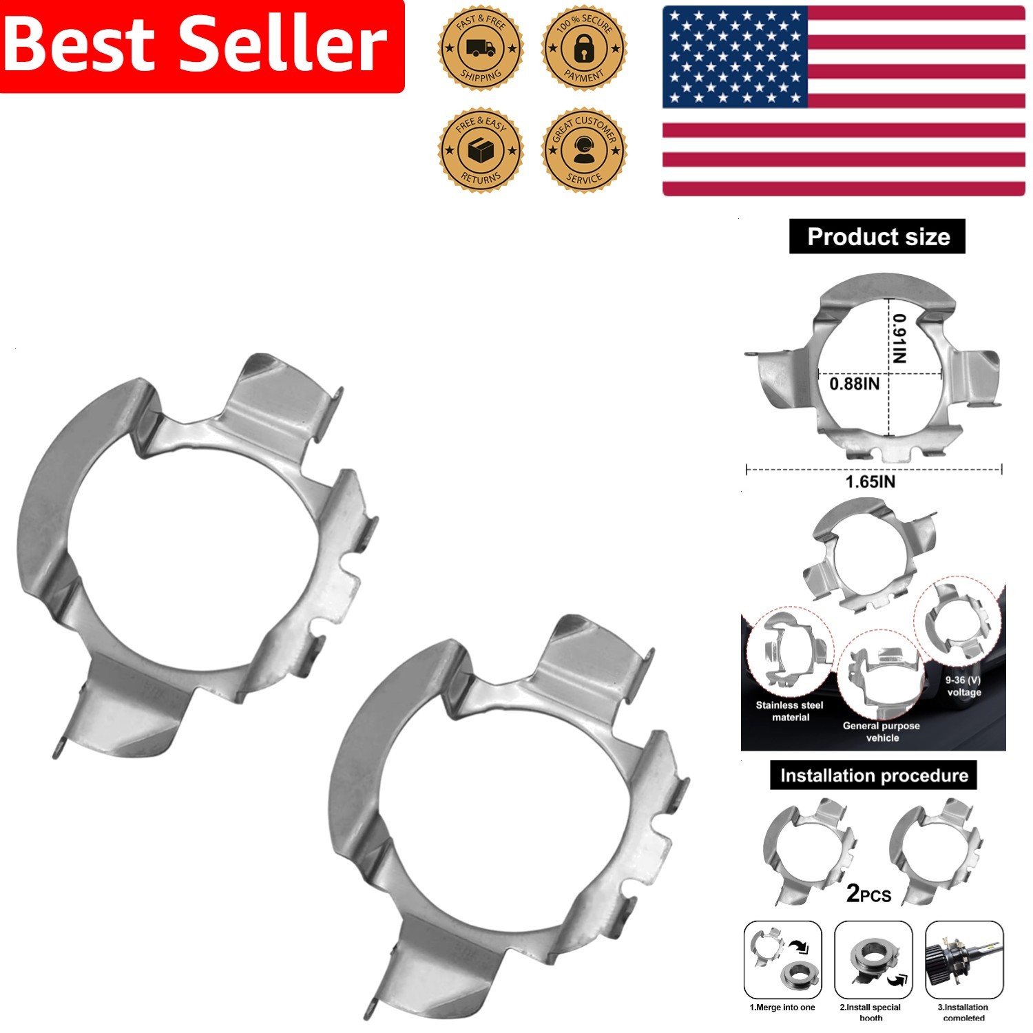 H7 LED Headlamp Adapter  Aluminum Base Clip Hyundai Nissan Saab Upgrade