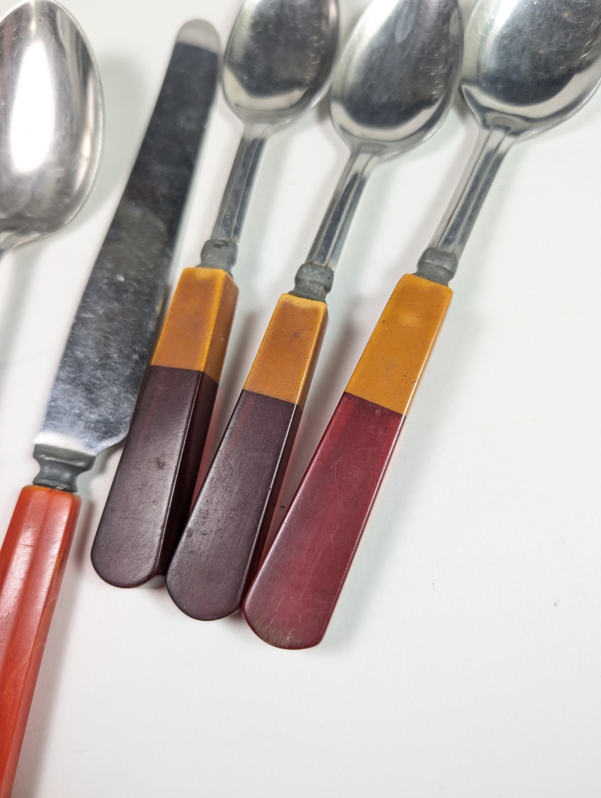 Red Bakelite Flatware Set Two Tone Cherry Red Amber 5 Piece Spoon Knife