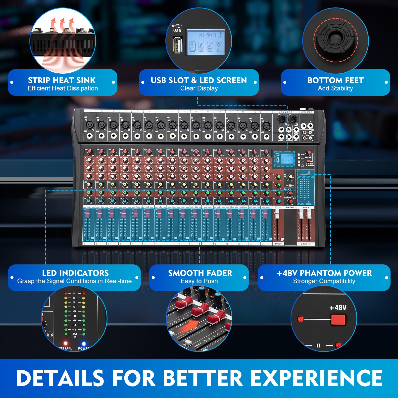 16 Channel Professional Powered Mixer Power Mixing 16 DSP Stage/Live Sound USB