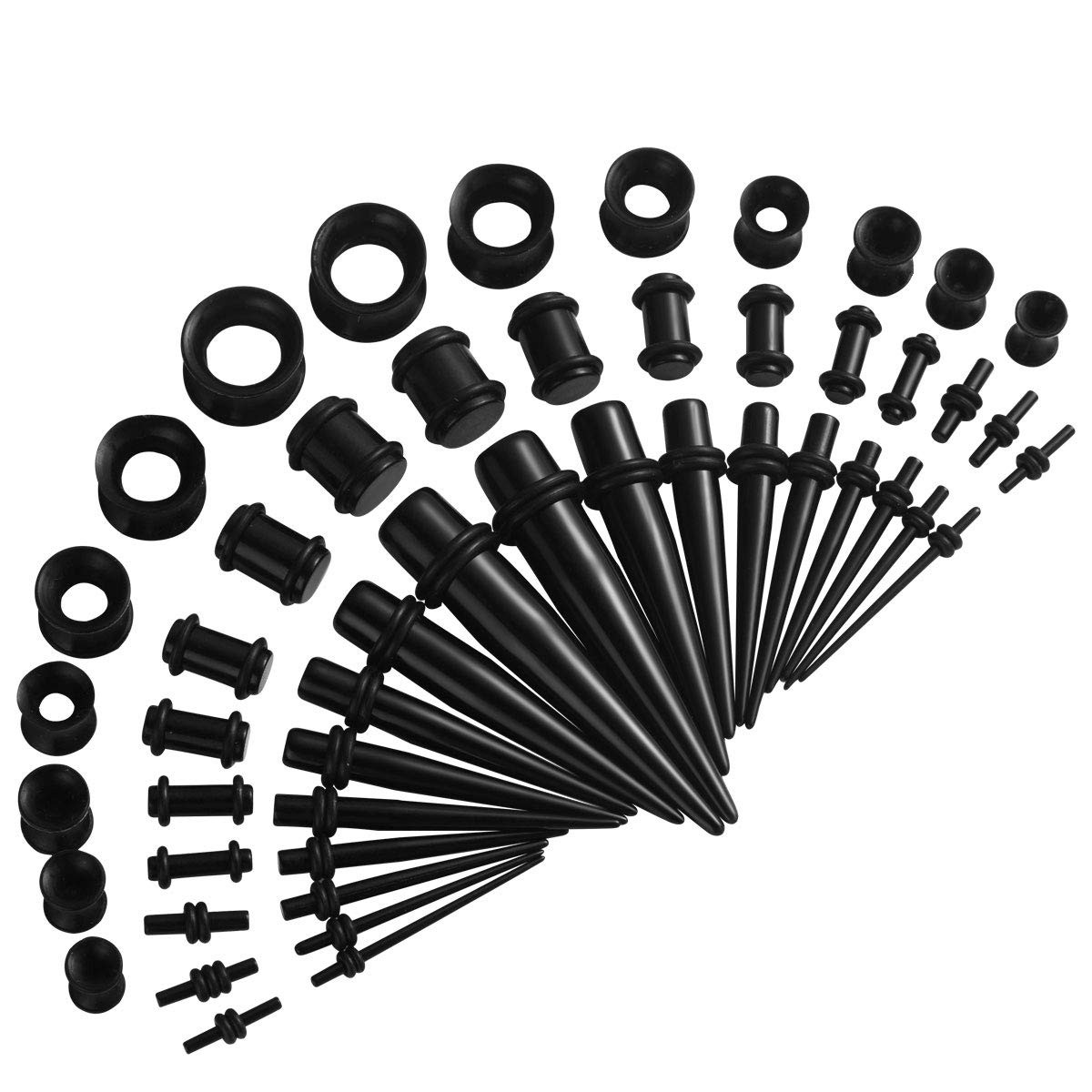 JDXN Ear Stretching Kit 14G to 00G - 50 Pieces Acrylic Tapers 14G-00G, black