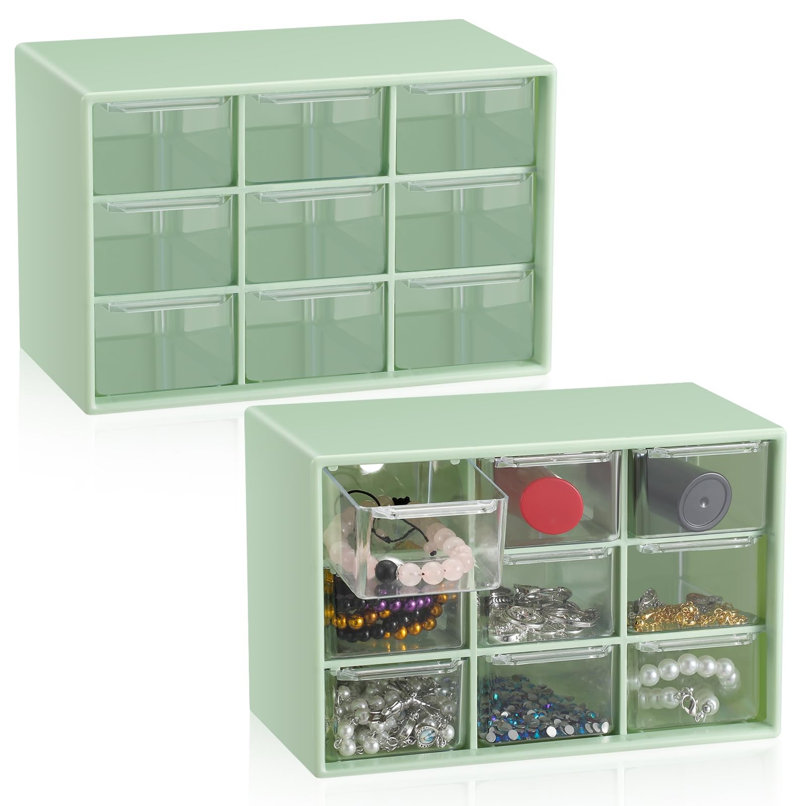 2 PCS Green 9-Drawer Mini Storage, 7x3.9x4.7, Teacher Toolbox, Craft, Desk