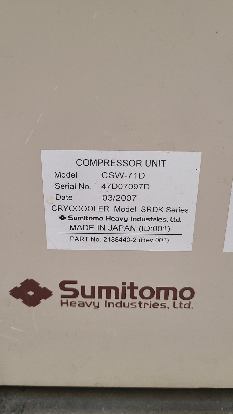Sumitomo Cryo Compressor CSW-71D Cooler SRDK Helium