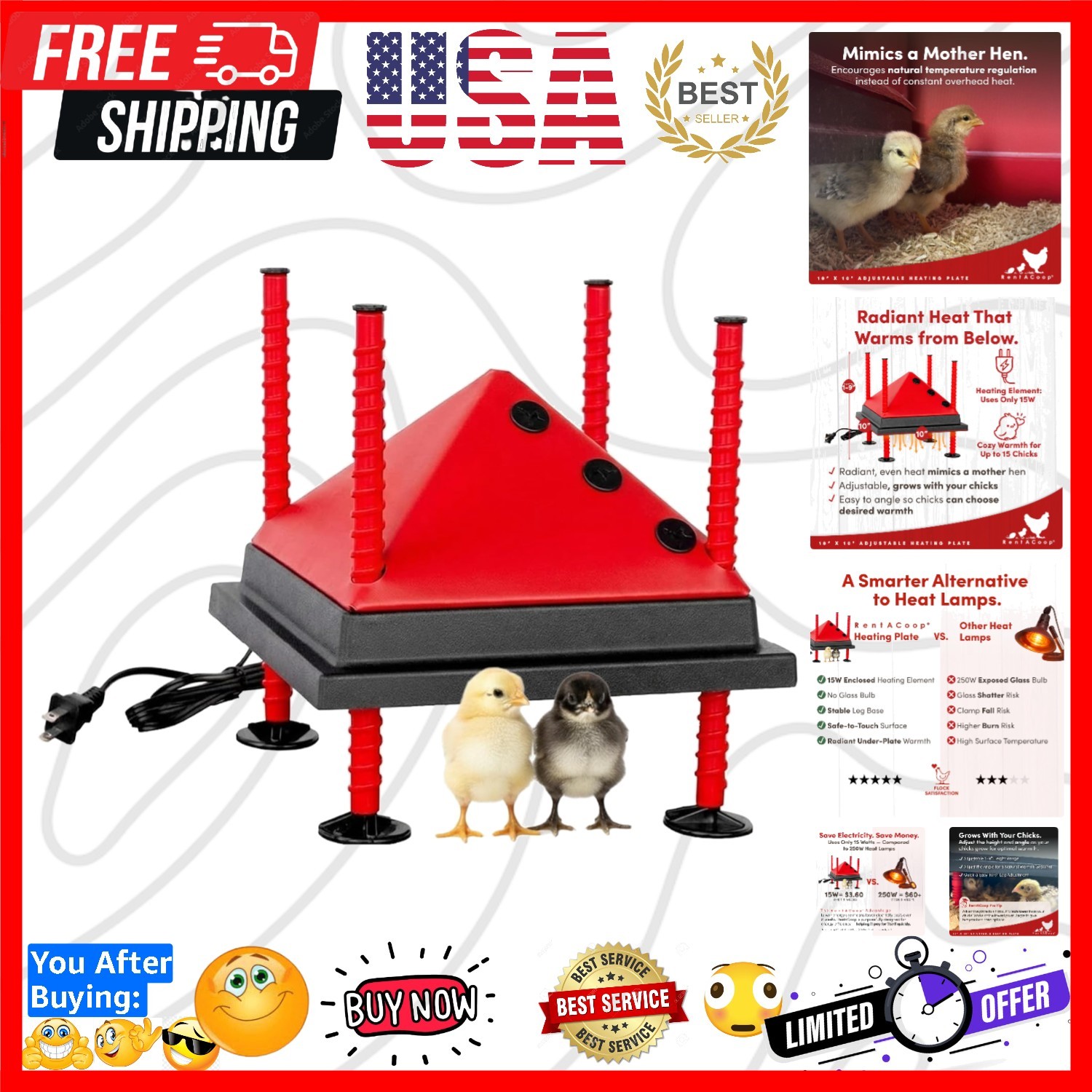 10x10” Adjustable Heating Plate with Bonus Foldable Anti-Roost Cone for up to...
