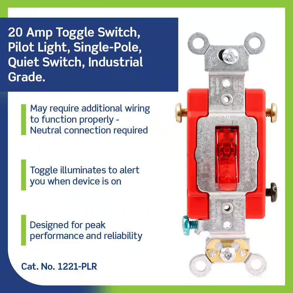 20 Amp Industrial Grade Heavy Duty Single-Pole Pilot Light Toggle Switch, Red 12