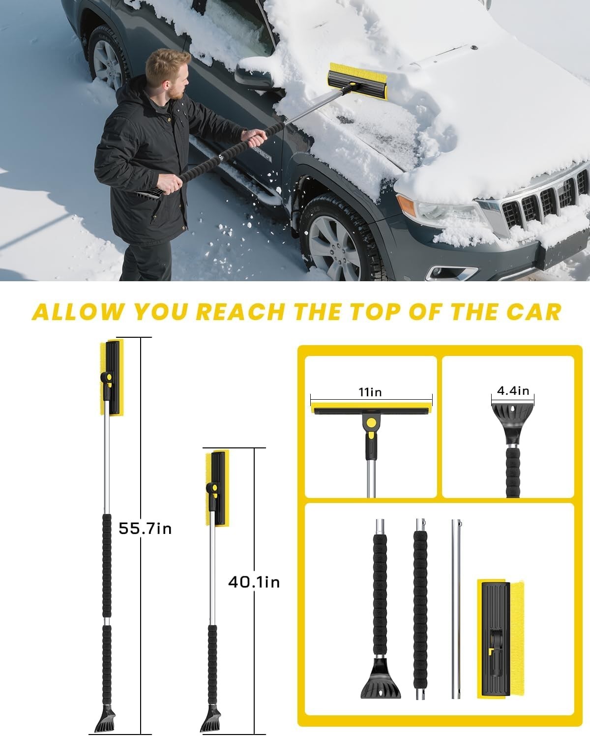 Versatile 3-in-1 Ice Scraper & Snow Brush - 55.7" Adjustable for All Vehicles