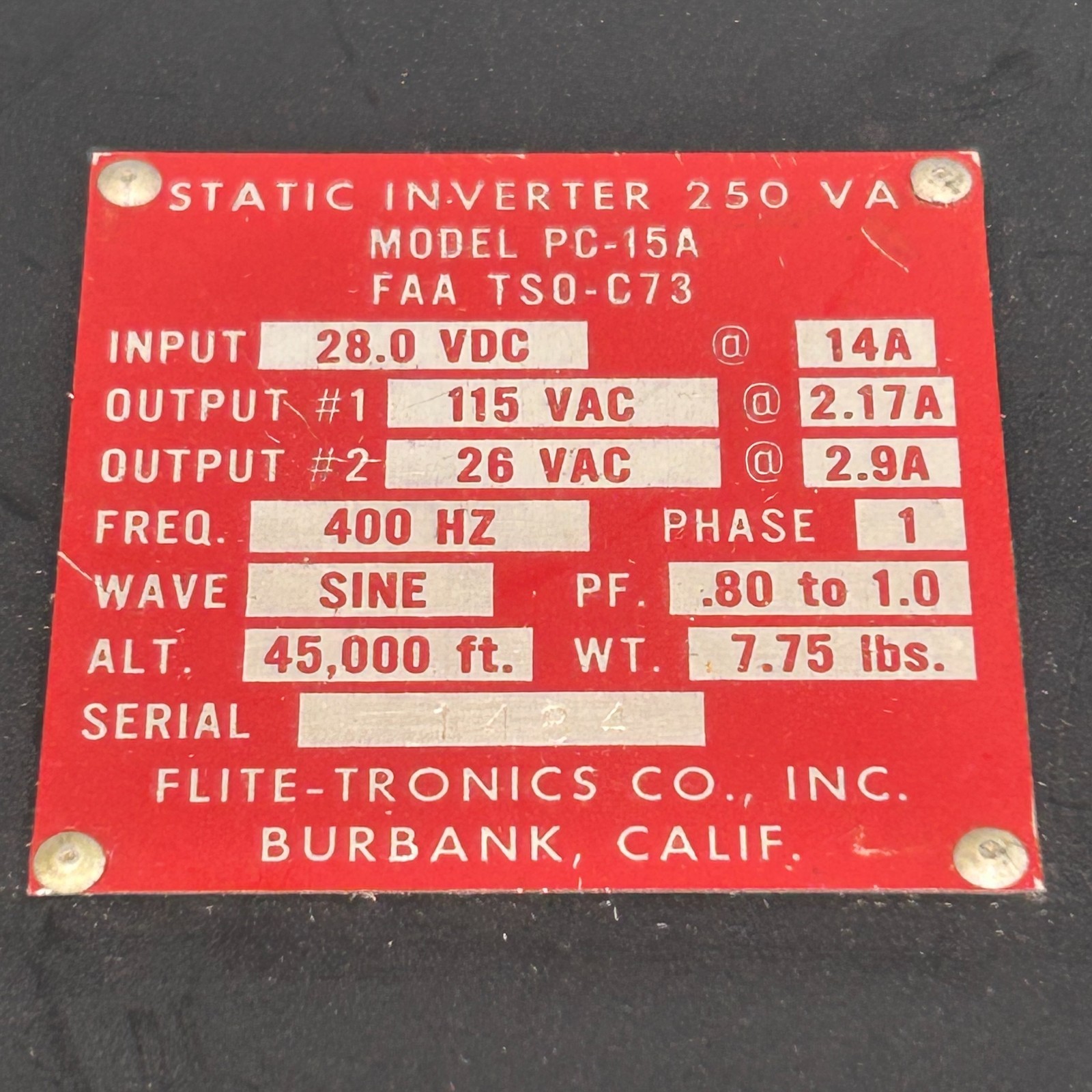 FLIGHT-TRONICS PC-15A STATIC INVERTER 250VA 28V