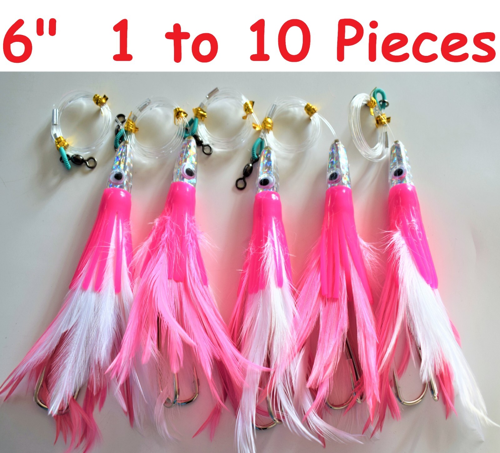 1 to 10 pcs 6" Rigged Tuna Feathers Pink/White Trolling Saltwater Fishing Lures