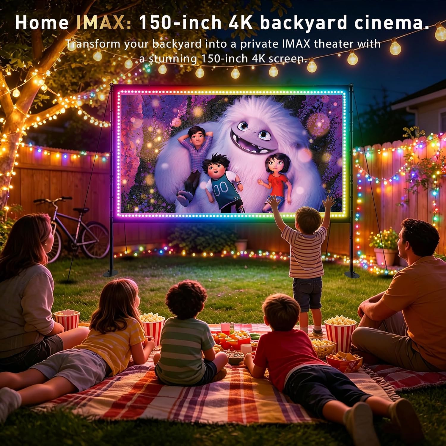 150 inch Projector Screen with Stand, USB String Lights Connection 16:9 4K HD Po