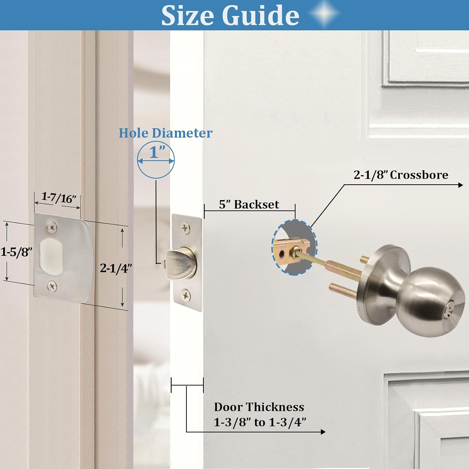 5" Backset Latch Keyed Entry Door Knob with Lock and Key, Standard Square Interf