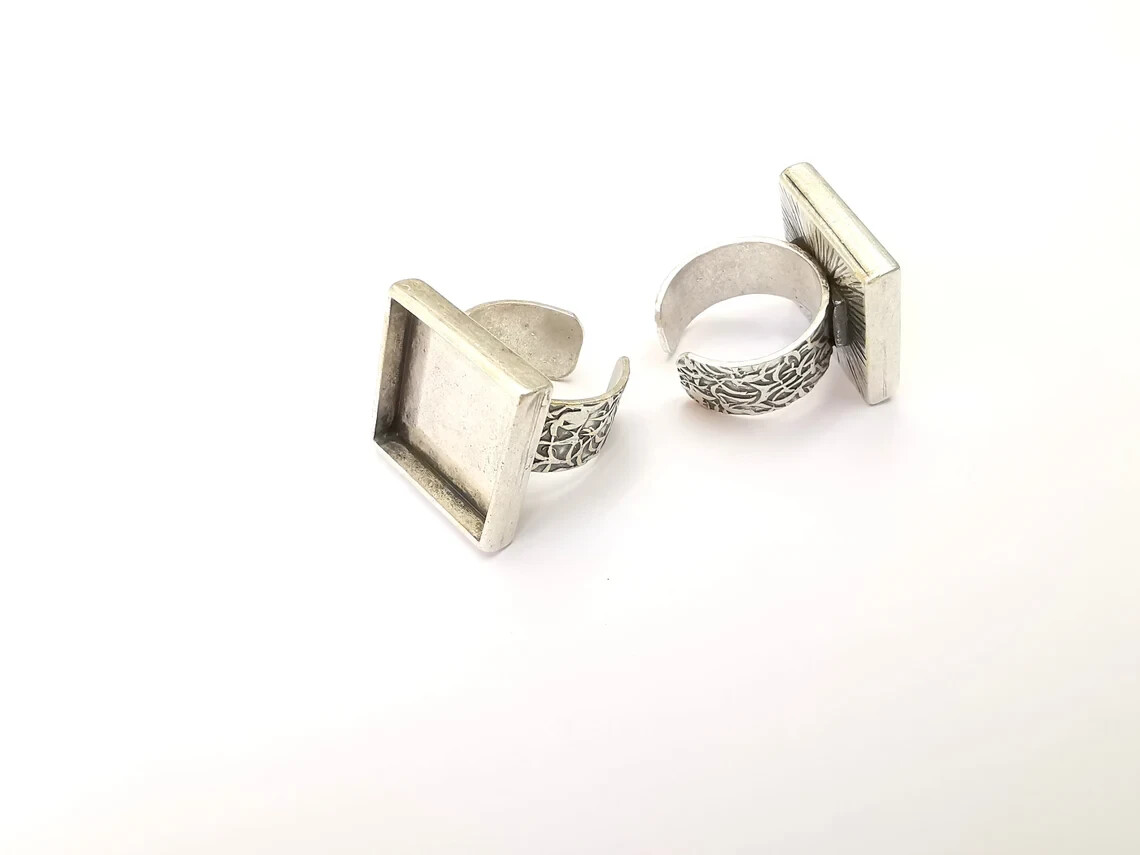 Square Antique Silver Ring Blank Settings, Cabochon Mounting Adjustable Resin
