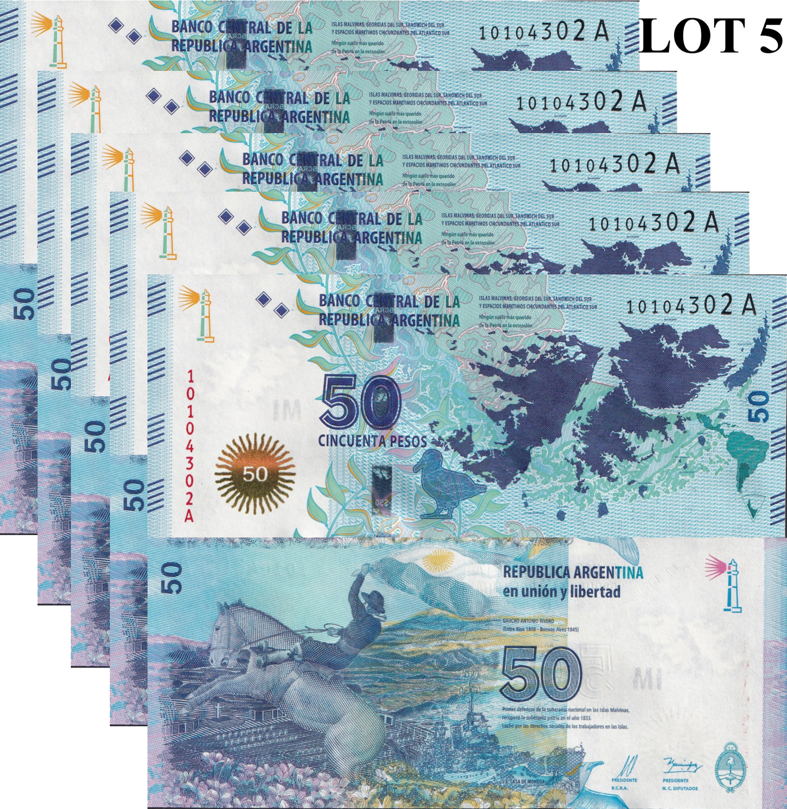 Argentina 50 Pesos ND(2015) P 362a COMM. UNC 1/20 Bundle Lot 5 pcs