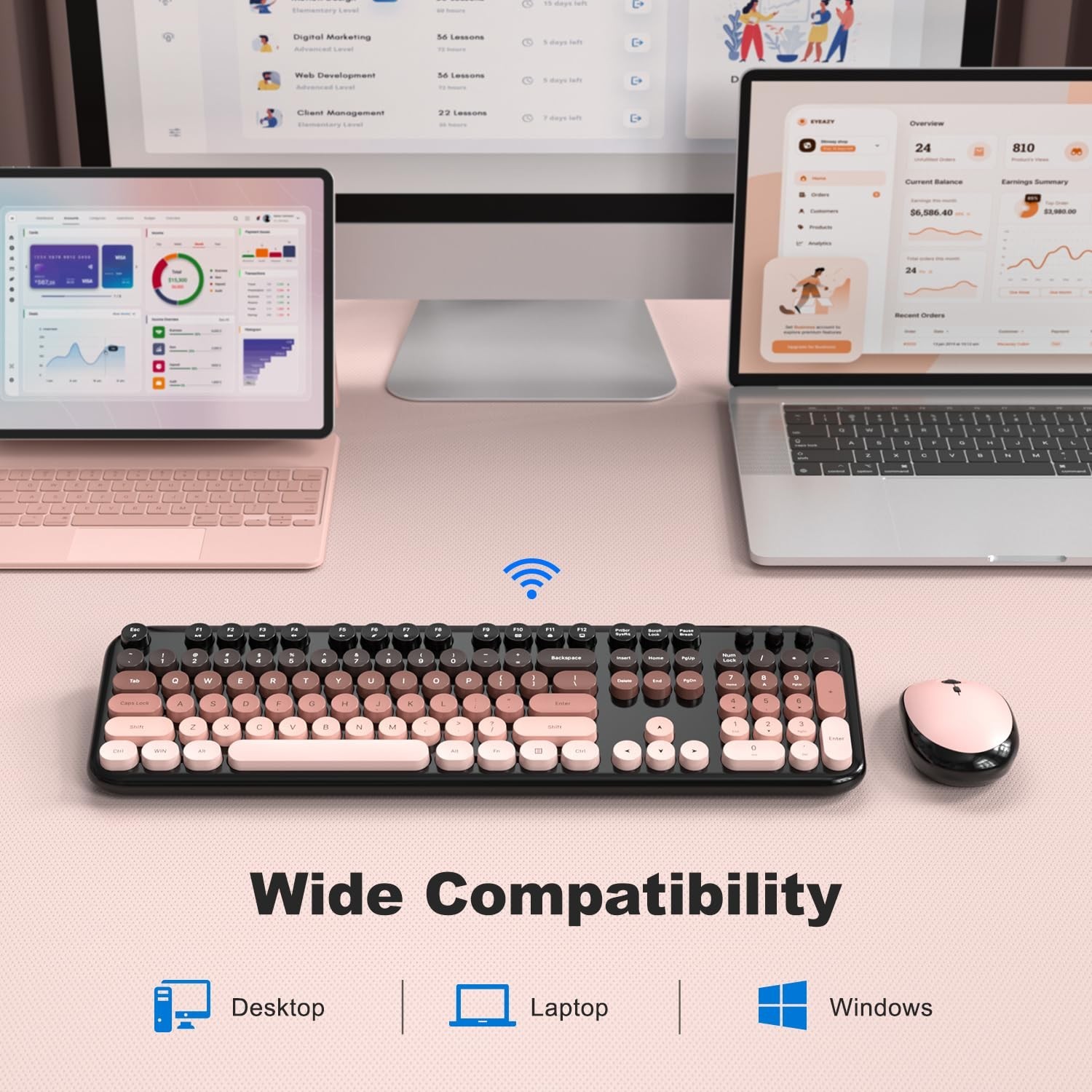 Wireless Keyboard and Mouse Combo, Typewriter Full Size Retro Keyboard with N...