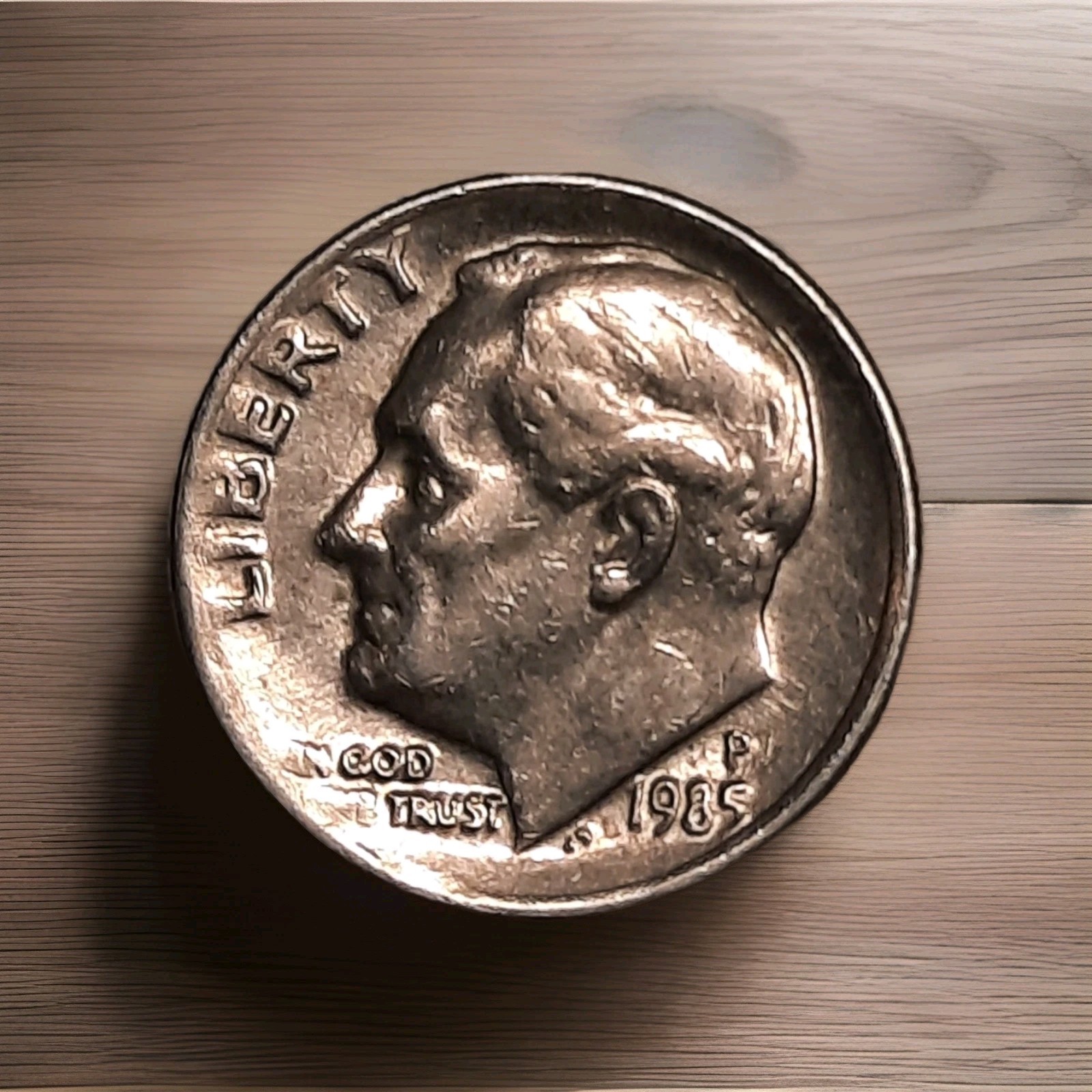 1985 p Roosevelt dime struck through grease error OBV.