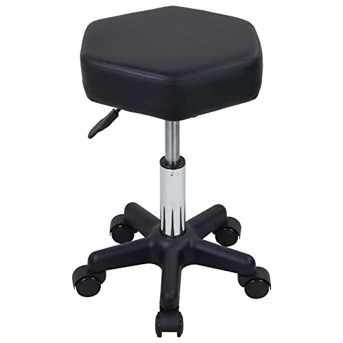 Hexagon Rolling Stool Height Adjustable Stool with Wheels for Spa Salon Black