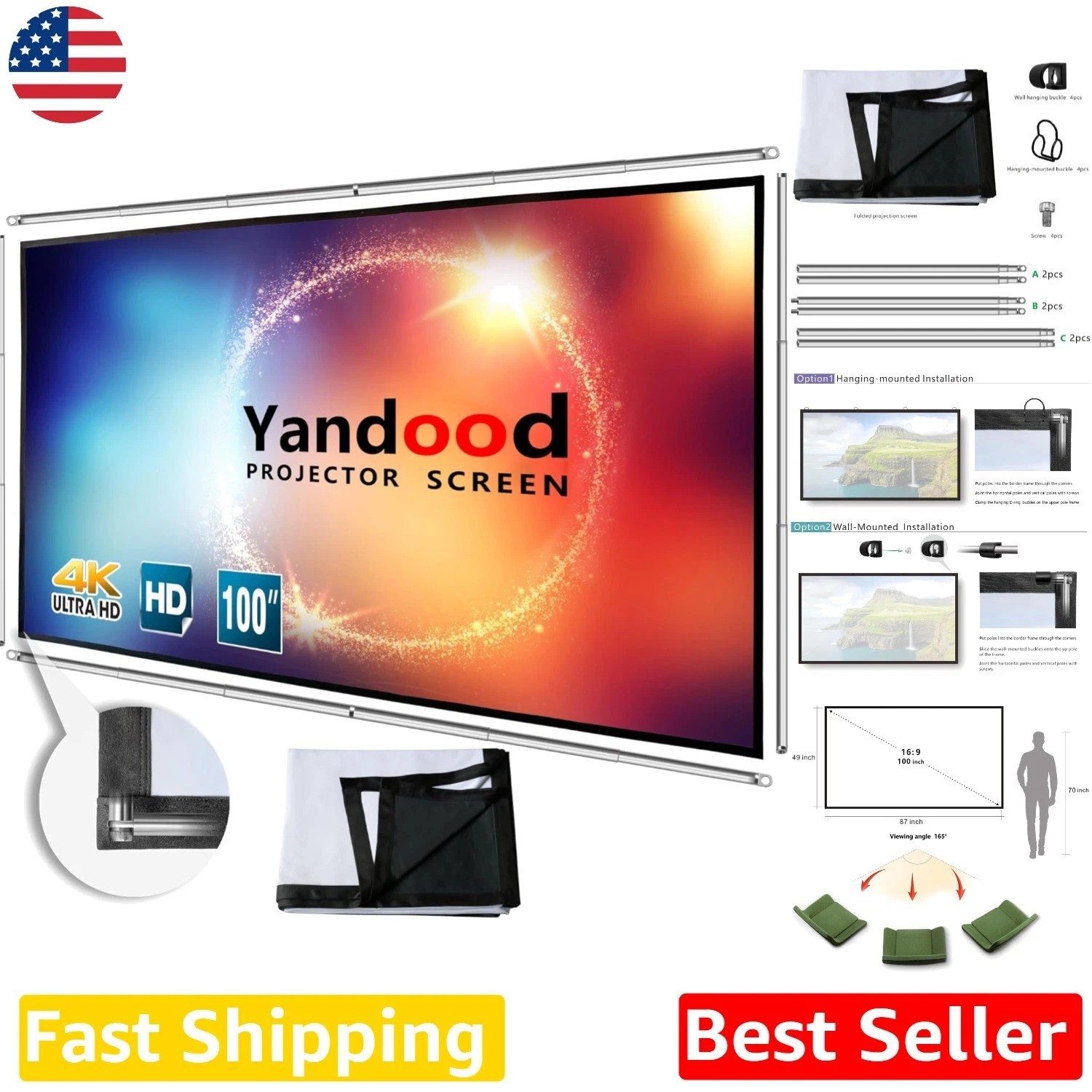 100" Projector Screen | Telescopic Pole | Anti-Crease | Home Theater
