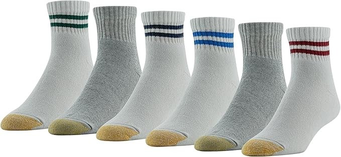 6 Pairs Gold Toe Men's Cotton Ankle Athletic Socks with Stripes Size 6-12.5 NEW
