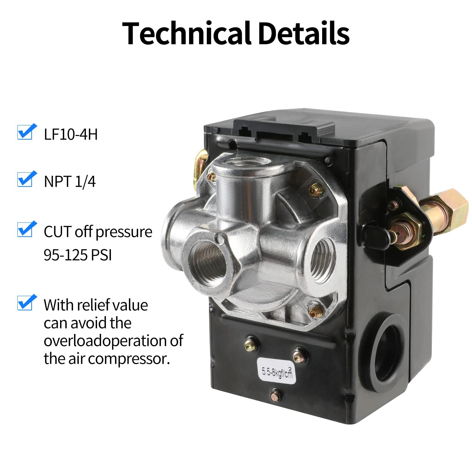 Air Compressor Pressure Switch Replacement LF10-4H with 95-125 PSI Range and 20A
