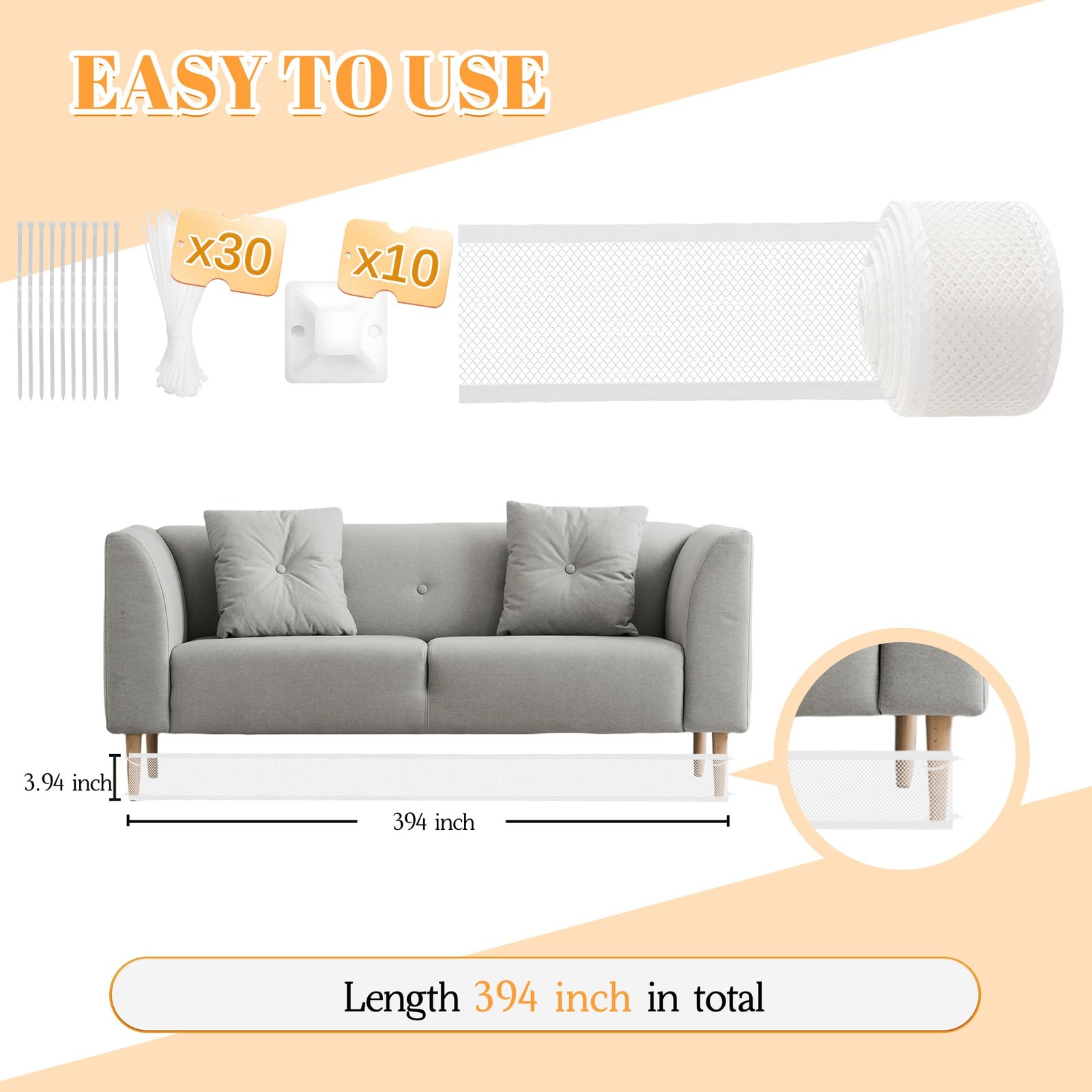 4x 394 Under Couch Blocker, Furniture, 30 Cable Ties, Stop Toys, White