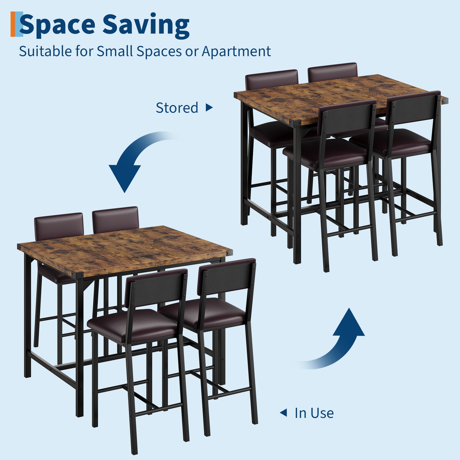 5-Piece Dining Table Set Counter Height High Top Table and 4 Upholstered Chairs