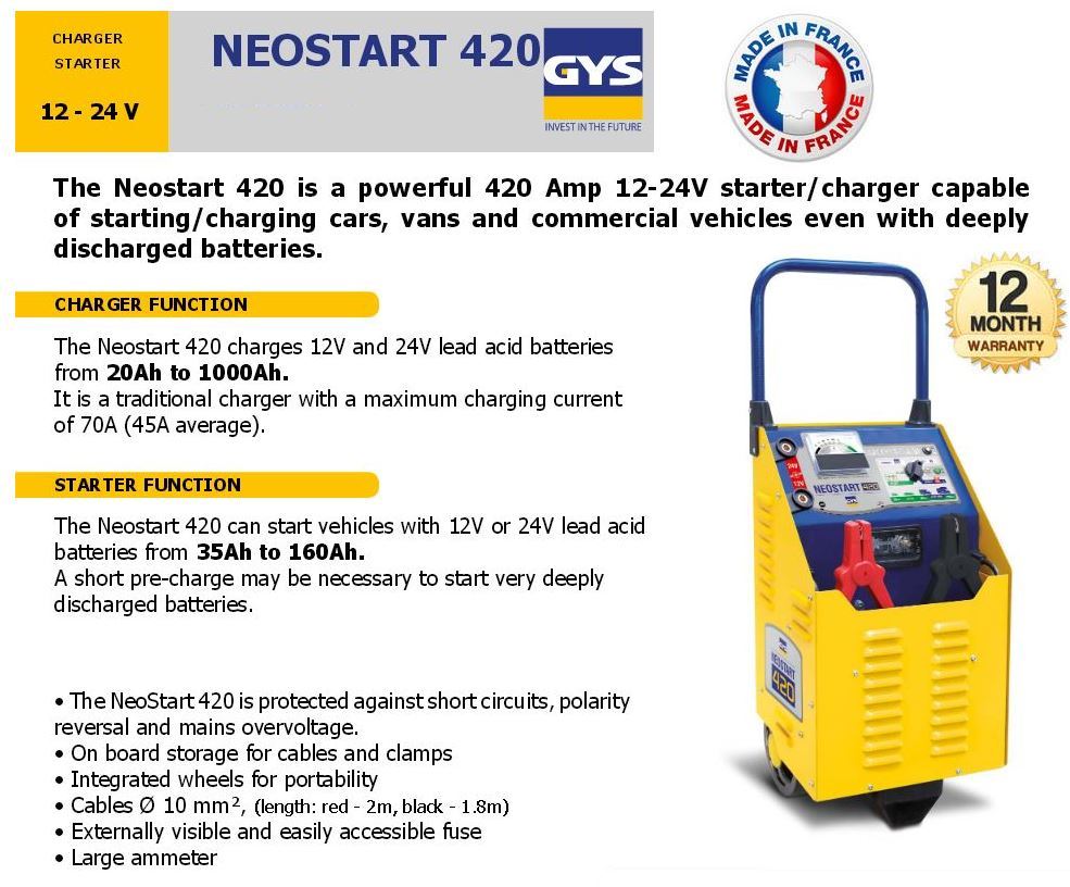GYS NEOSTART 12 - 24 VOLT PROFESSIONAL BATTERY CHARGER 420 AMP STARTER
