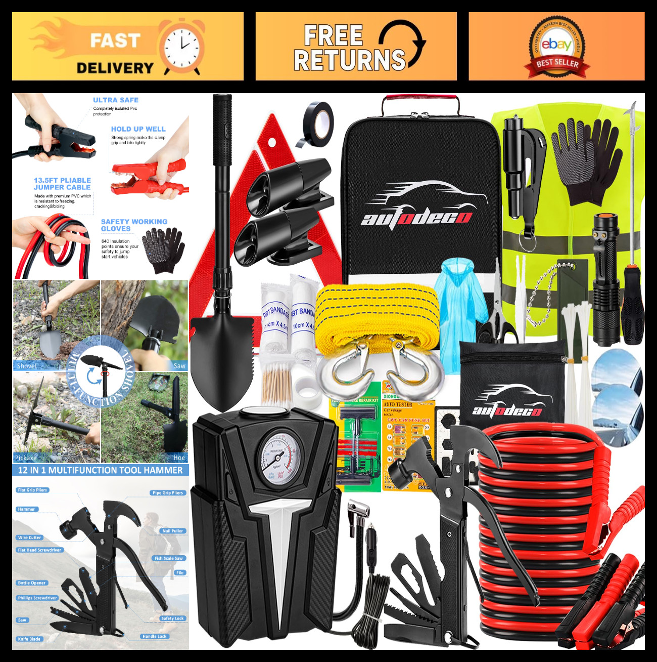 Premium 136-Piece Roadside Emergency Car Safety Kit - Heavy Duty Auto Essentials