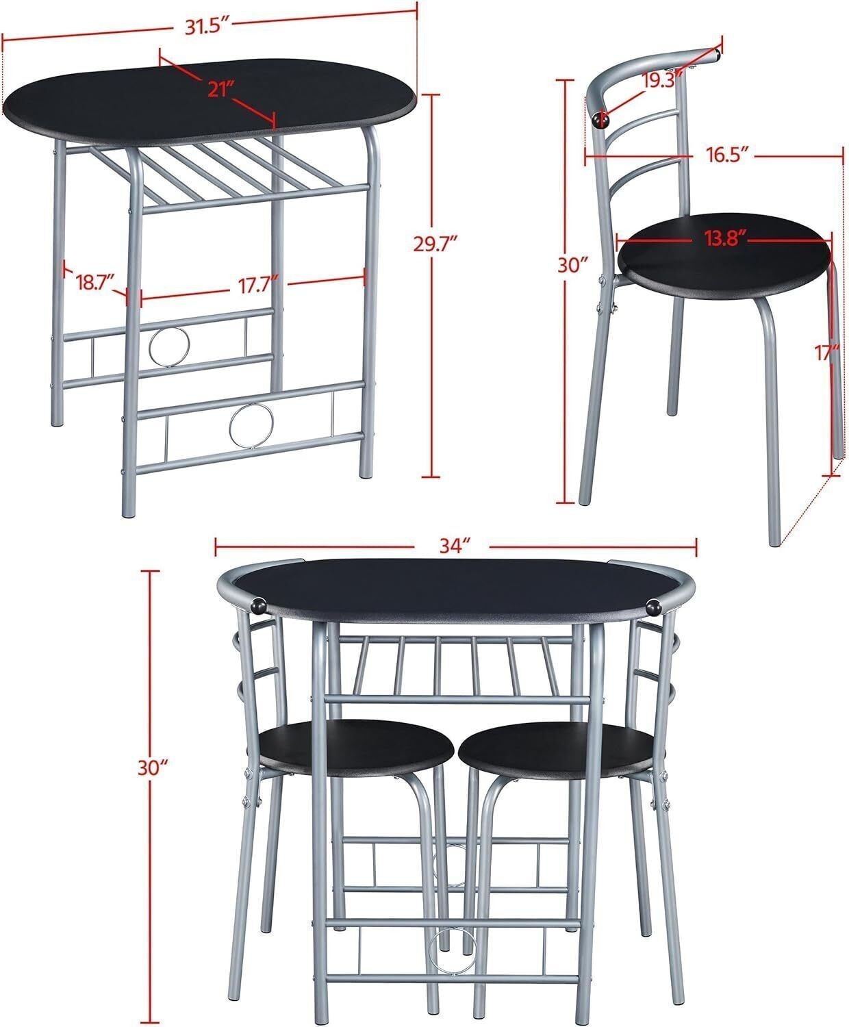 3-Pce Dining Room Table Set, Kitchen Table & Chair Sets for 2, Compact Table Set