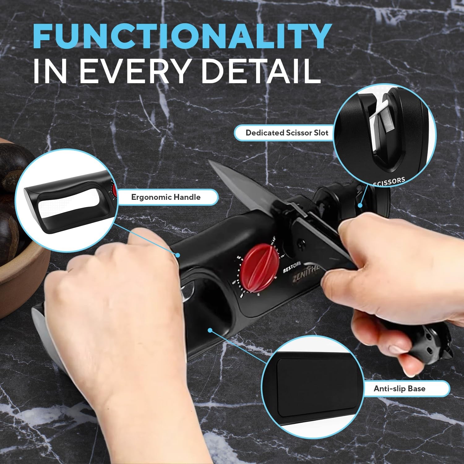 ZenithEdge 3-in-1 Adjustable Knife Sharpener 14-24 Angles for Kitchen, Fillet...
