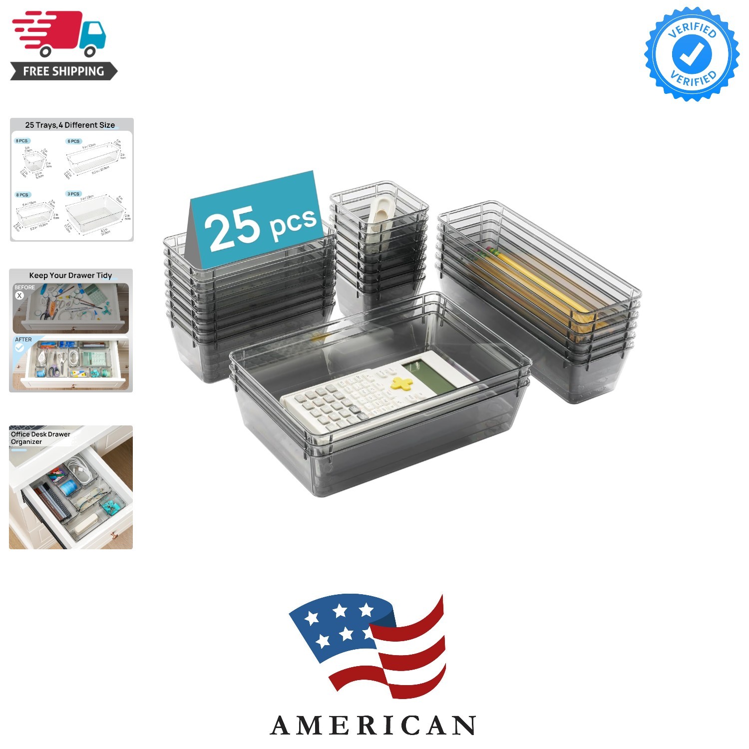 25 PCS Office Desk Drawer Organizers Set, 4-Size Versatile Plastic Drawer Org...