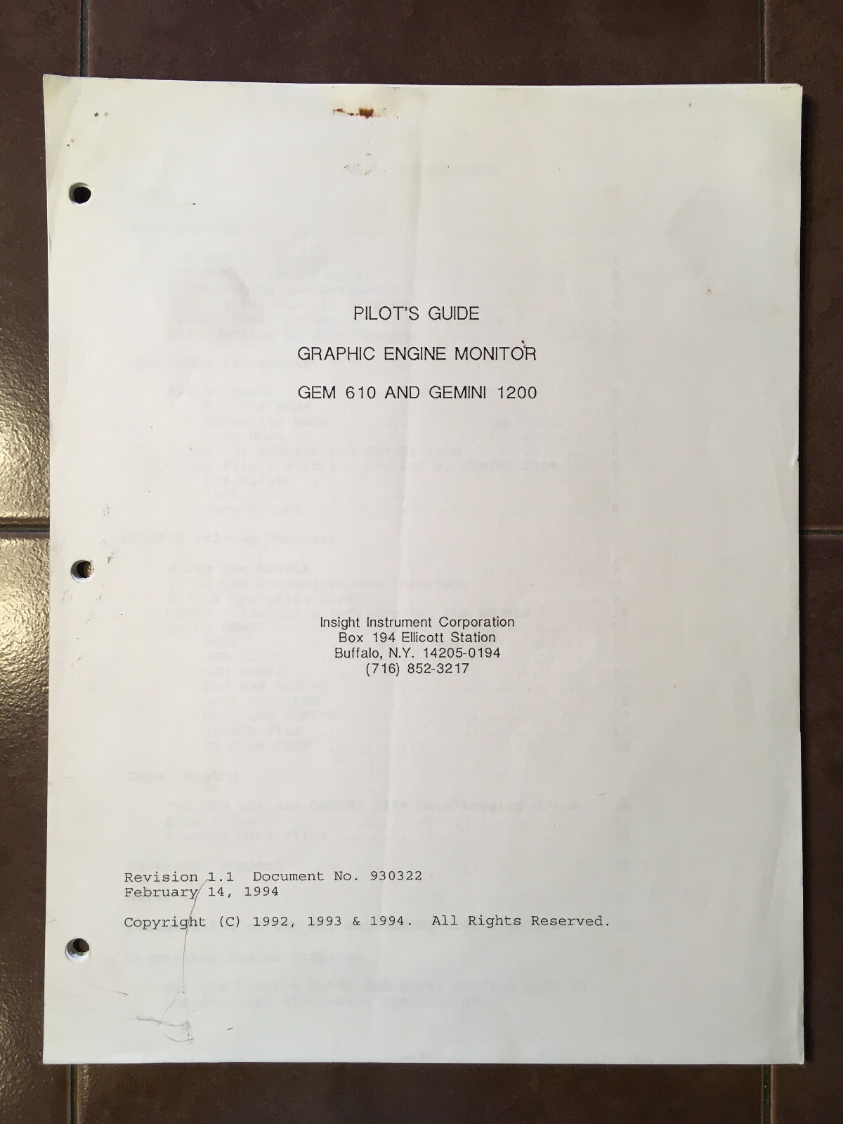 Insight GEM 610 and Gemini 1200 Engine Monitor Pilot's Guide Manual