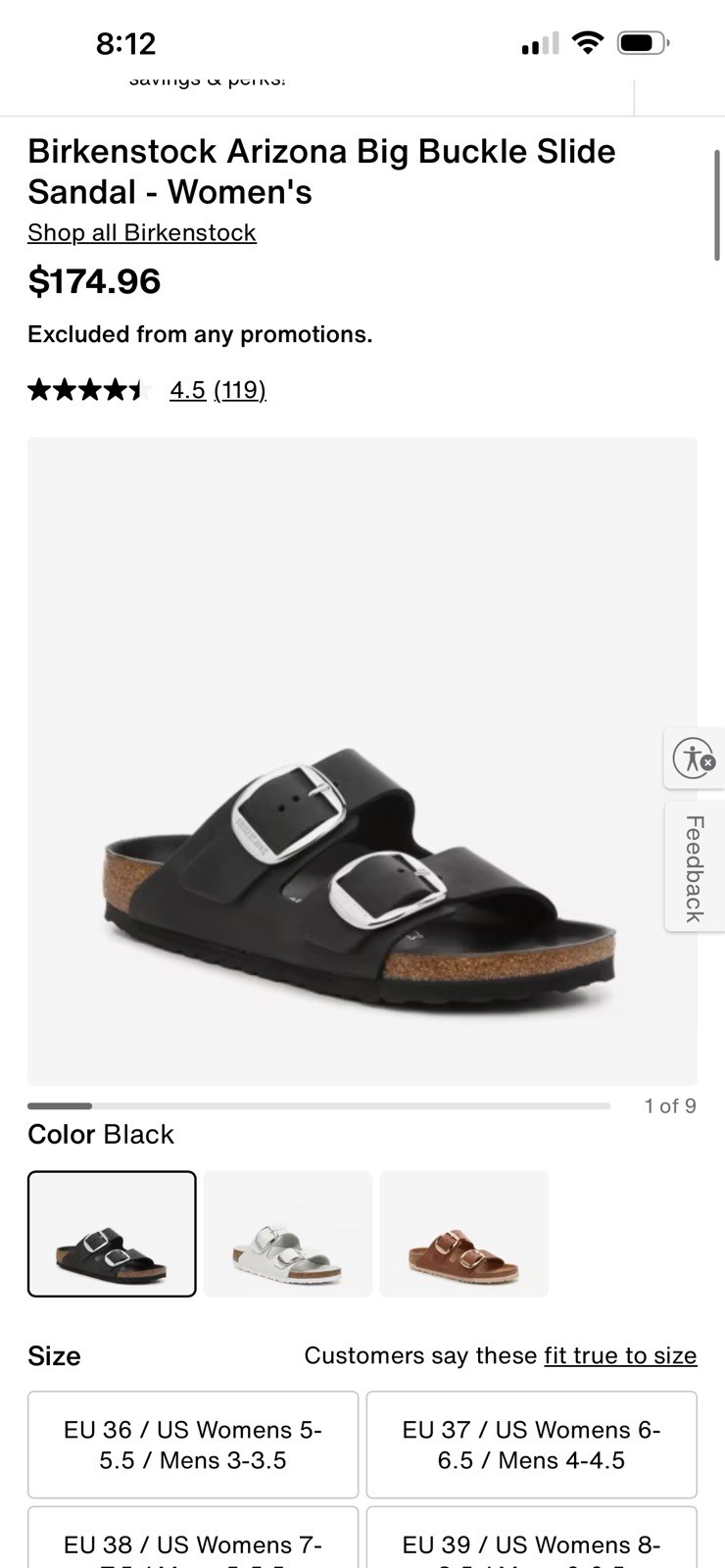 Women’s Birkenstock Arizona Big Buckle Slide Sandal Size 39 BlackGreat Condition