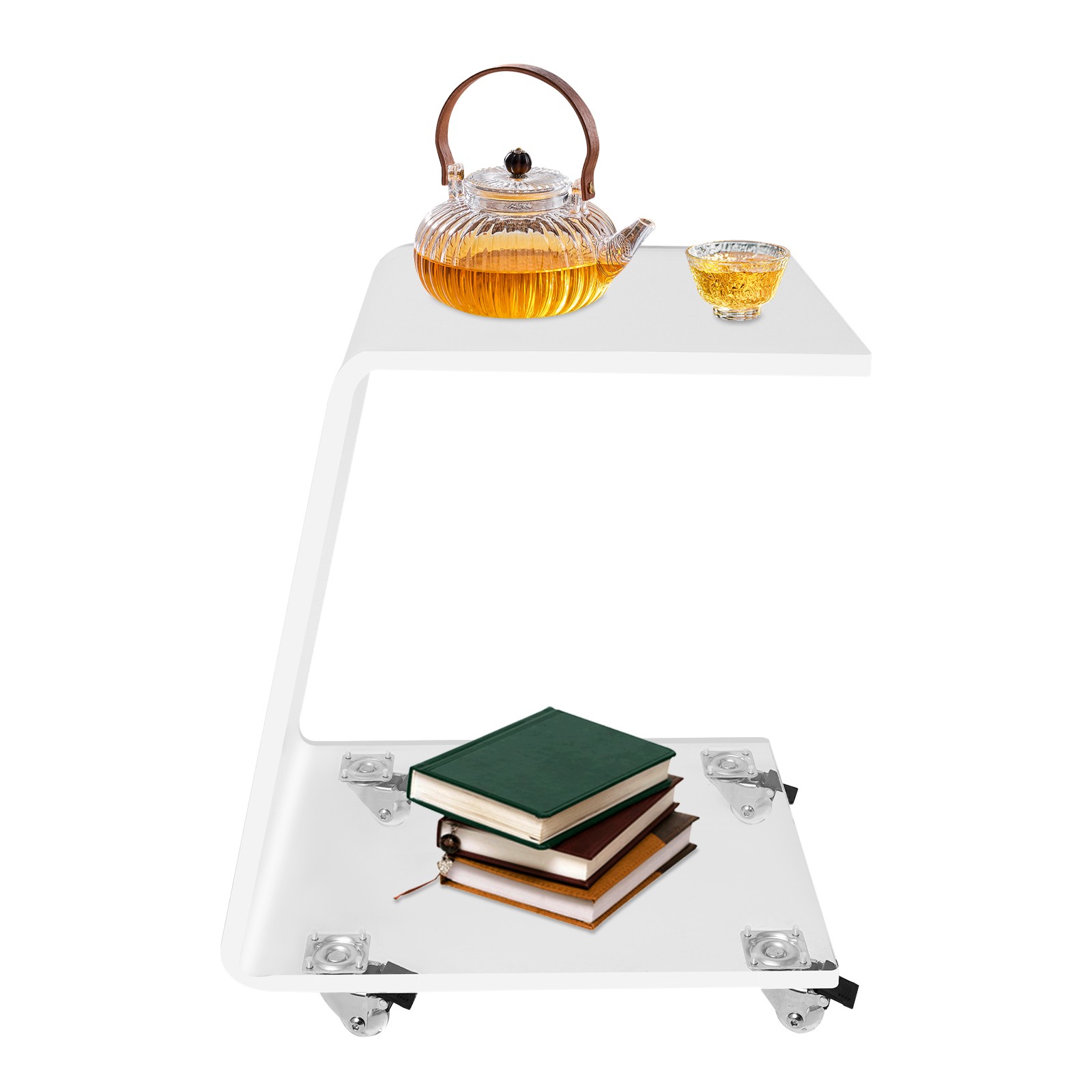 Acrylic Side Table Mobile C-Shaped End Table Clear Snack Rolling Cart 20kg max.
