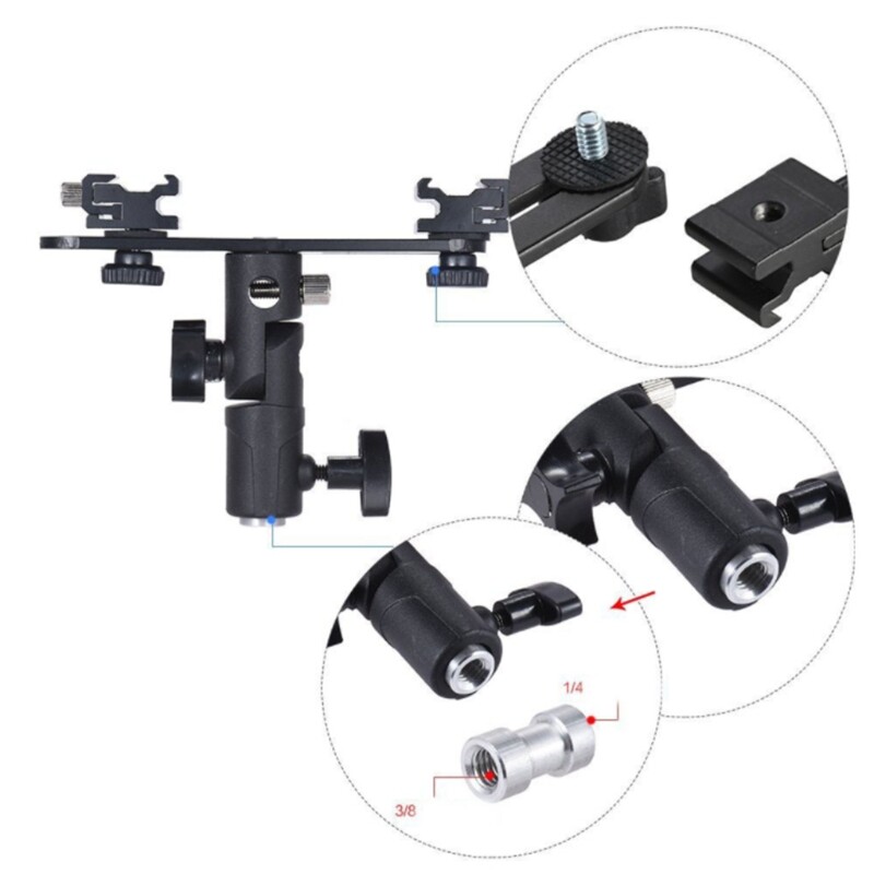 DSLR Dual Flash Bracket 2-Hot Shoe Mount Speedlight Stand Umbrella Flash Holder