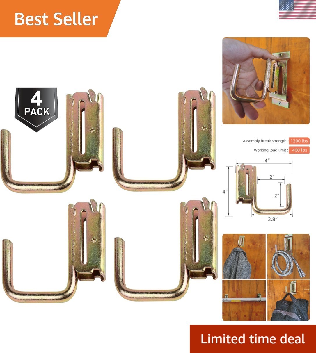 4 Pack Heavy Duty E-Track J-Hooks for Trailer Organization - 400 lbs Capacity