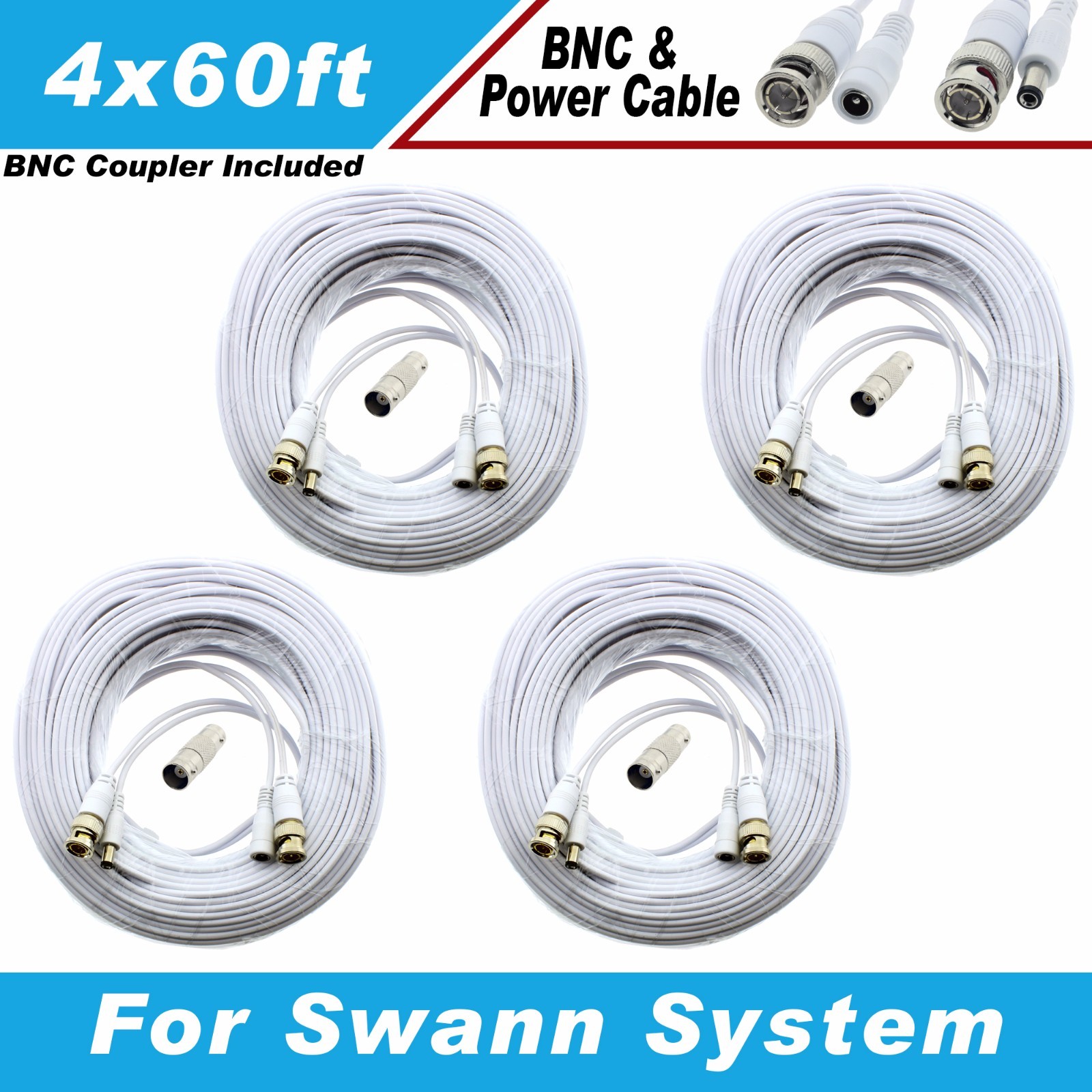 WHITE PREMIUM 240FT CCTV SURVEILLANCE BNC CABLES FOR 24 CH SWANN 960H DVR SYSTEM