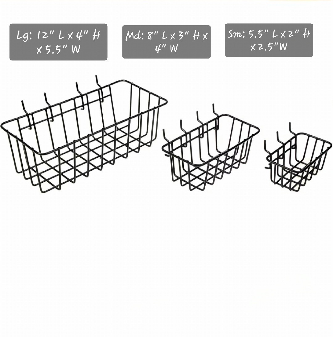 Set of 3 -Black Metal Pegboard Baskets - 3 Sizes - Organization - Rectangle
