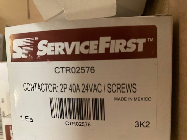 TRANE / SERVICE FIRST Contactor 24V, 40A, 2 Pole, CTR02576