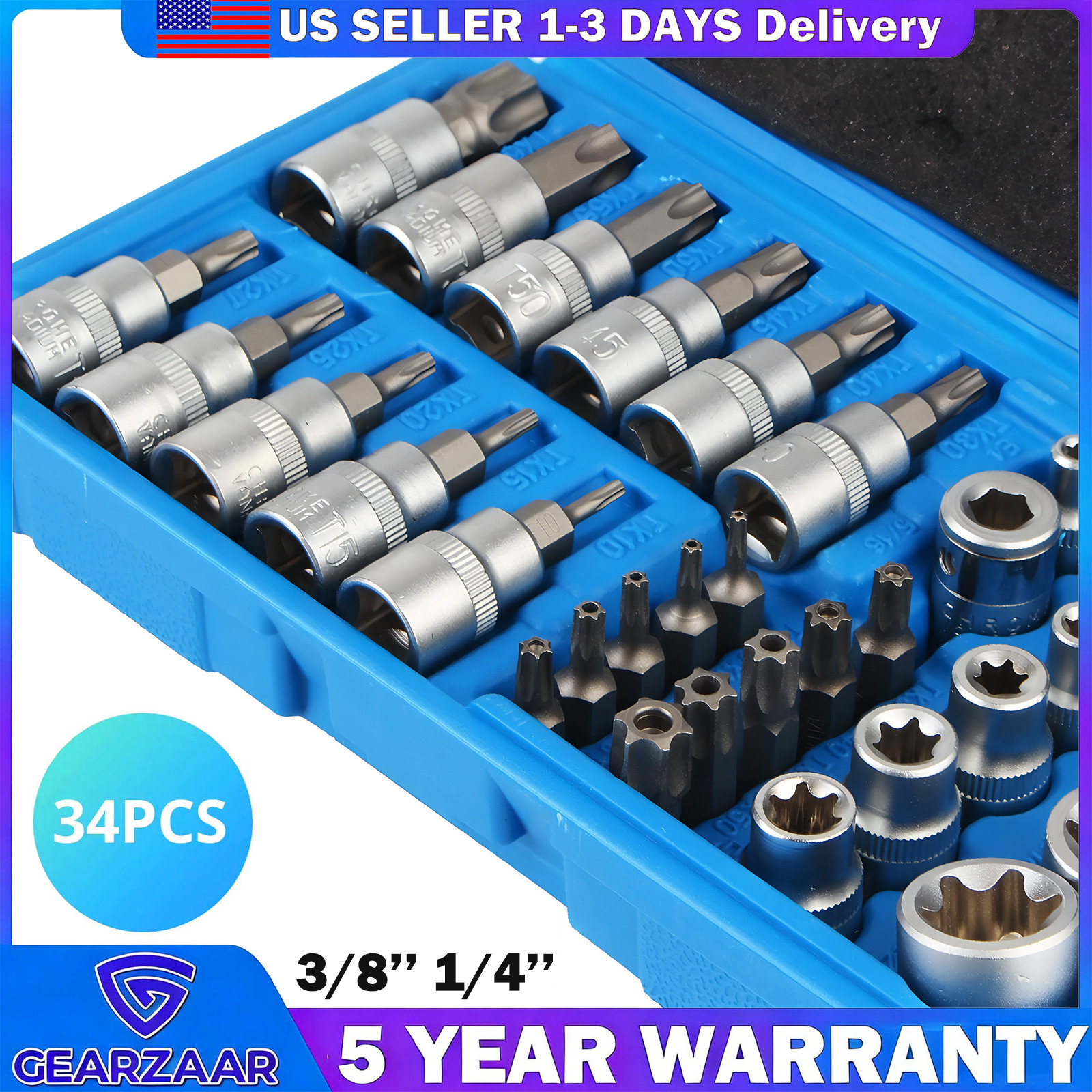 34pcs Torx Star Socket & Bit Set Male Female E & T Sockets Torx Bits with Case