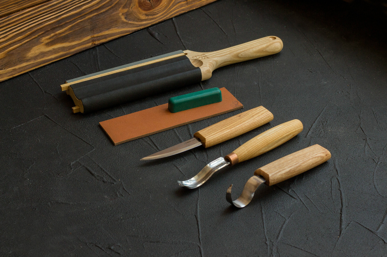 Spoon and Kuksa Carving Professional Set with Knives, Bent Gouge and Strops