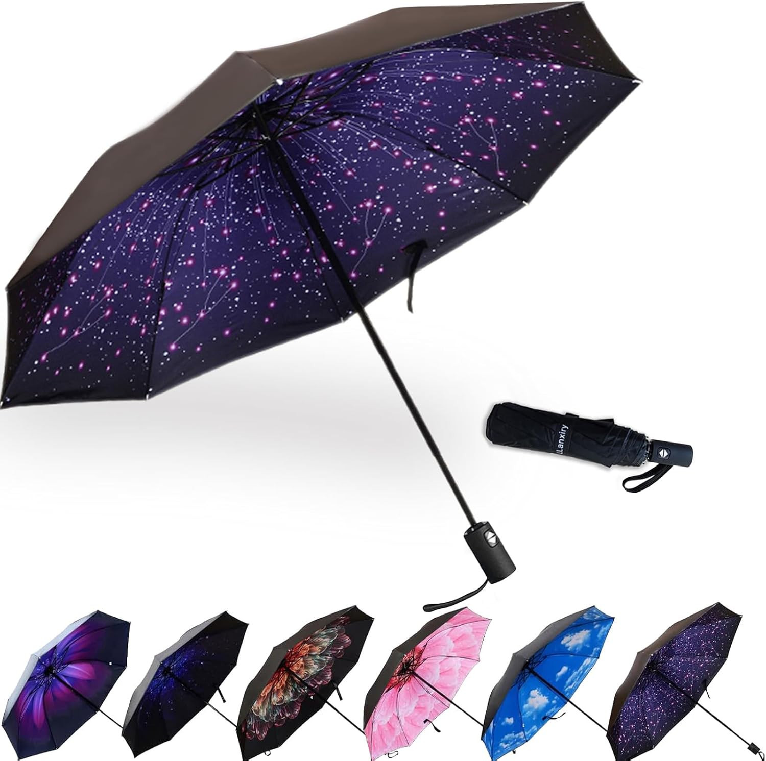 Llanxiry Compact Travel Umbrella,Windproof Waterproof Stick Umbrella Anti-Uv Pro