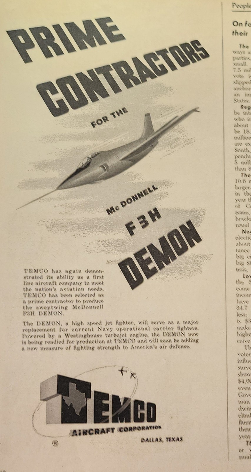 McDonnell Demon F3 F 3 Plane Aircraft Picture Magazine Ad Original Vtg Temco