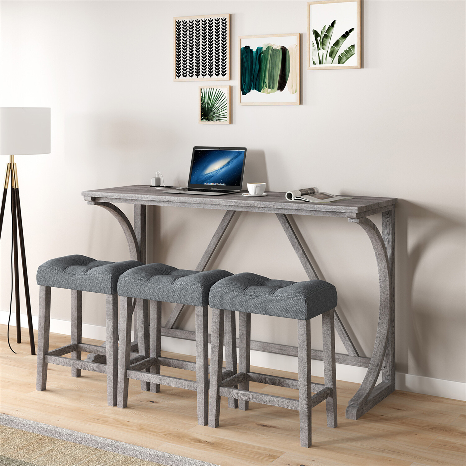 4 Piece Bar Table Set Counter Height Kitchen Dining Table with 3 Bar Stools US