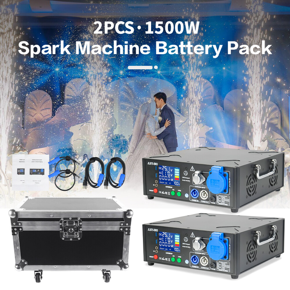 2 Set 1500W Black Powered Base Cold Spark Machine Battery Pack with Flight Case
