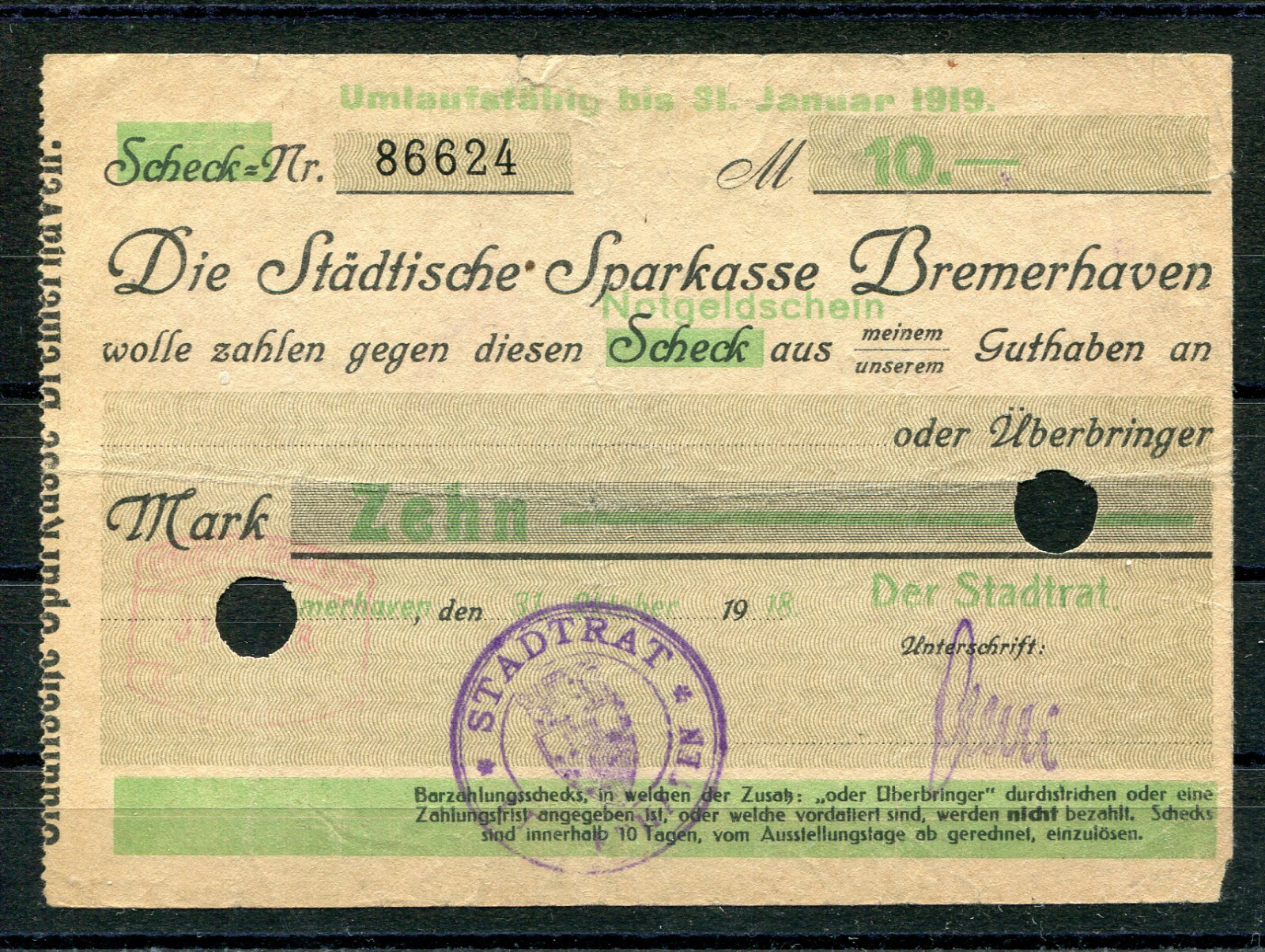 Bremerhaven City 10 Mark Notgeld Banknote 2/10377