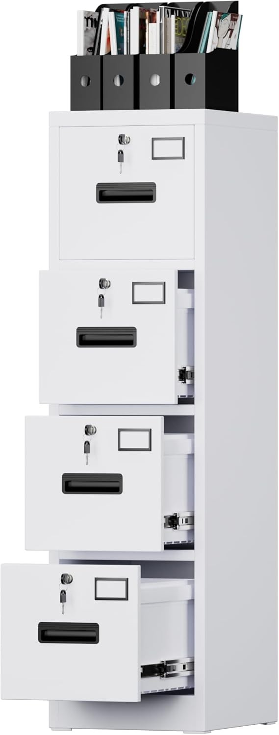 Kavey White Metal 4 Drawer File Cabinet Locking Office Storage Cabinet Home
