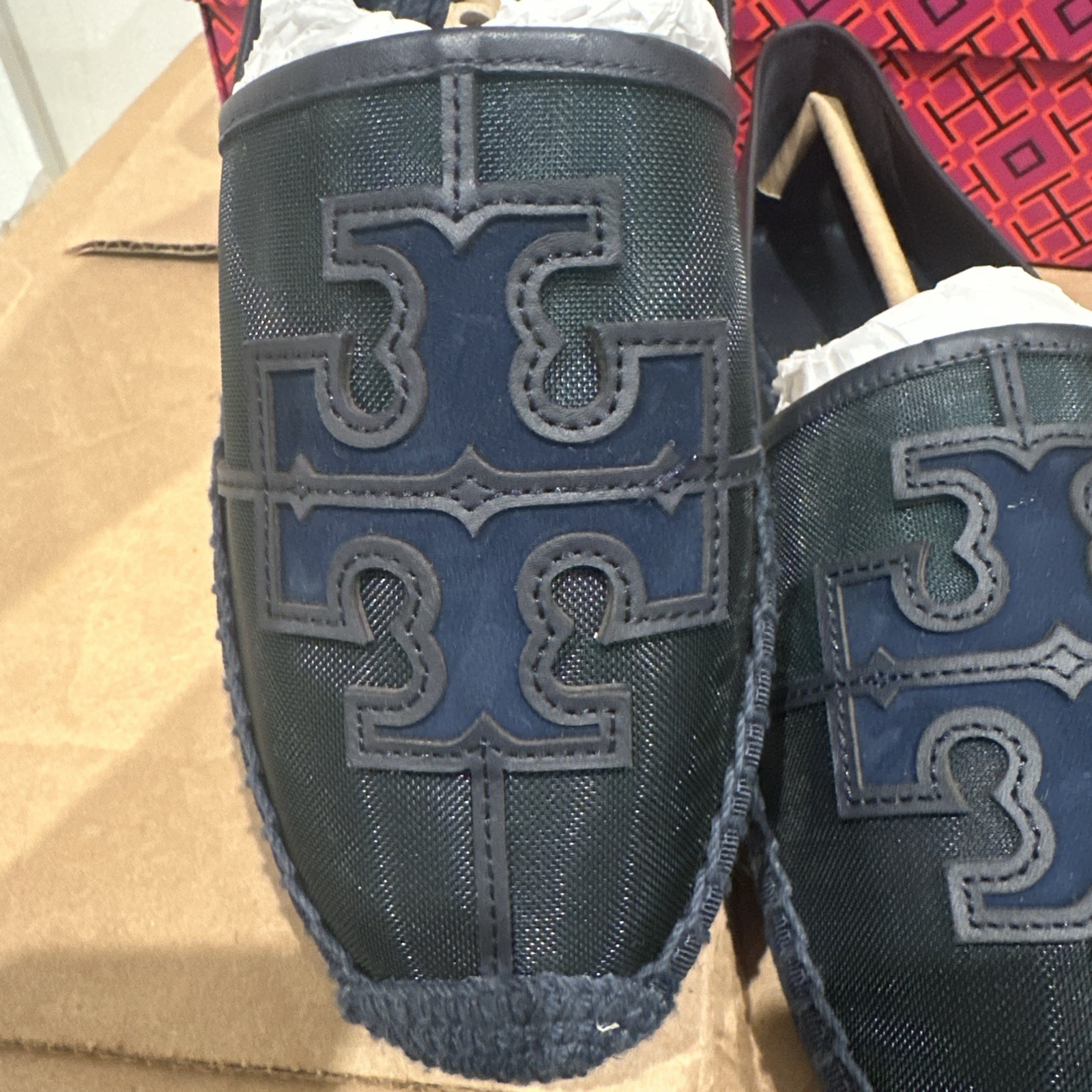 Tory Burch Women Size 9.5M Ines Mesh Espadrille Loafers Malachite Navy
