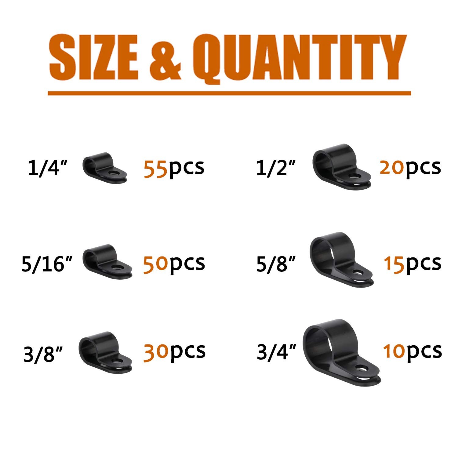 ISPINNER 180pcs Nylon Plastic R-Type Cable Clamps, 1/4" 5/16" One Size, Black